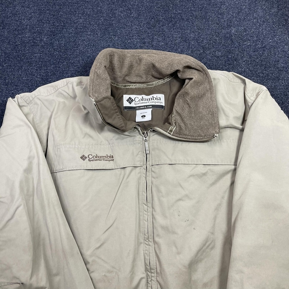 Columbia Jacket Mens Large Beige Puffer Full Zip Fleece Collar Outdoor Winter